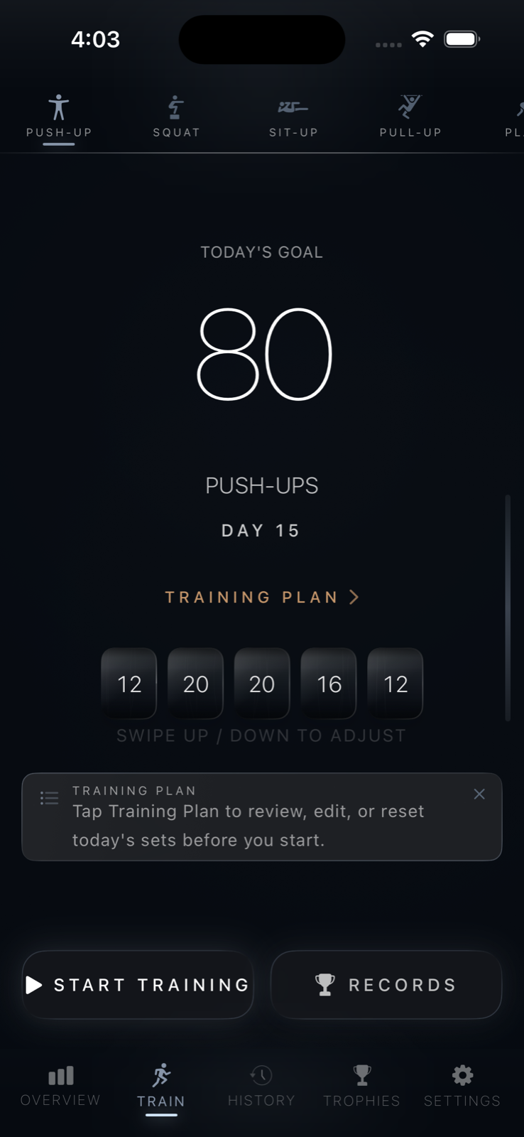 100Hero showing a Push-Up target of 80 across five planned sets on training day 15.